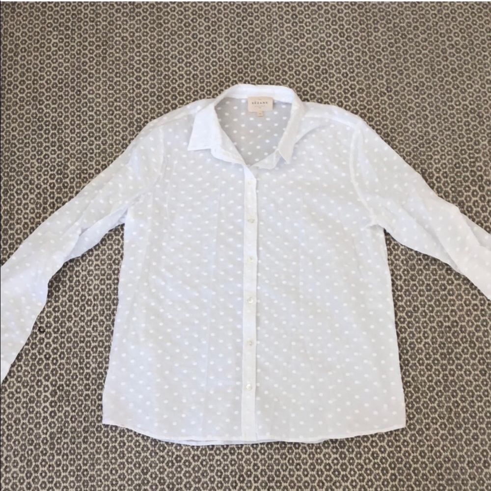 Sezane White Button Down Shirt with Embroidered Dots Sz 36.